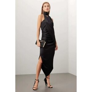Arias New York Asymmetrical Dress Womens 8 Black Satin Halter Drape Cocktail LBD
